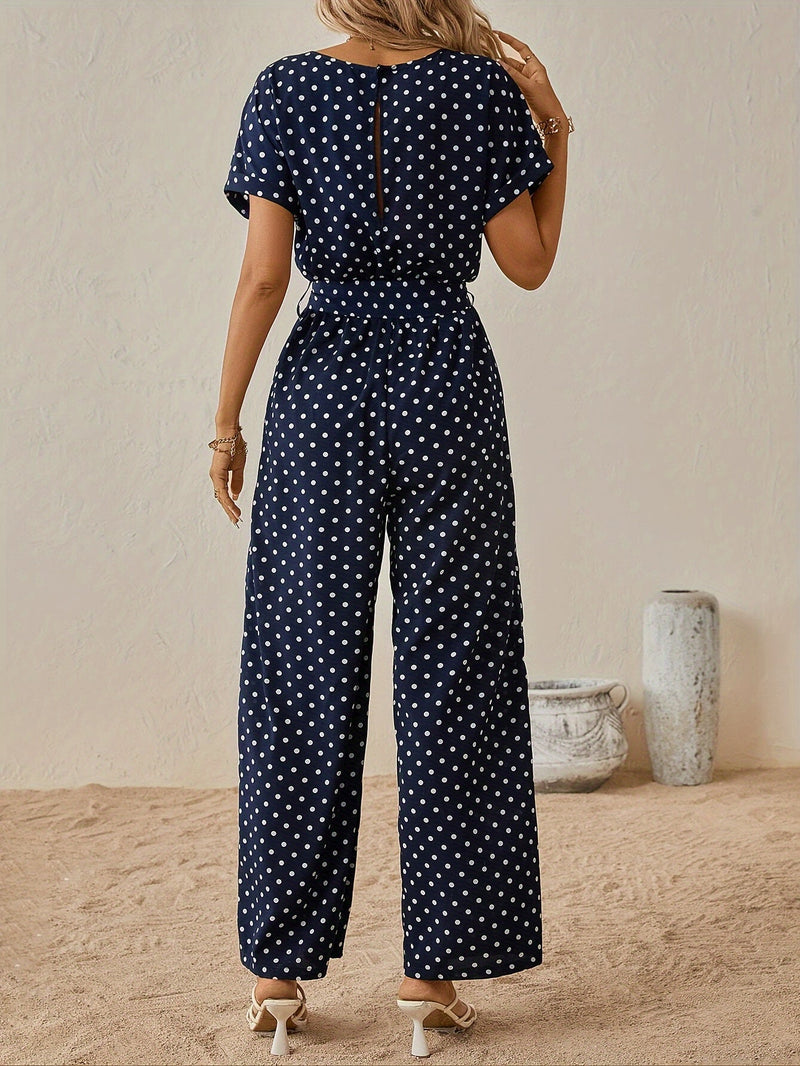 Trendy women's jumpsuit with waistband and polka dot pattern - DotJoy-S-State of Style