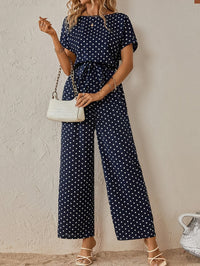 Trendy women's jumpsuit with waistband and polka dot pattern - DotJoy-S-State of Style