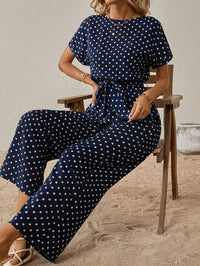Trendy women's jumpsuit with waistband and polka dot pattern - DotJoy-S-State of Style