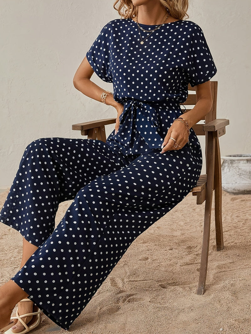 Trendy women's jumpsuit with waistband and polka dot pattern - DotJoy-S-State of Style