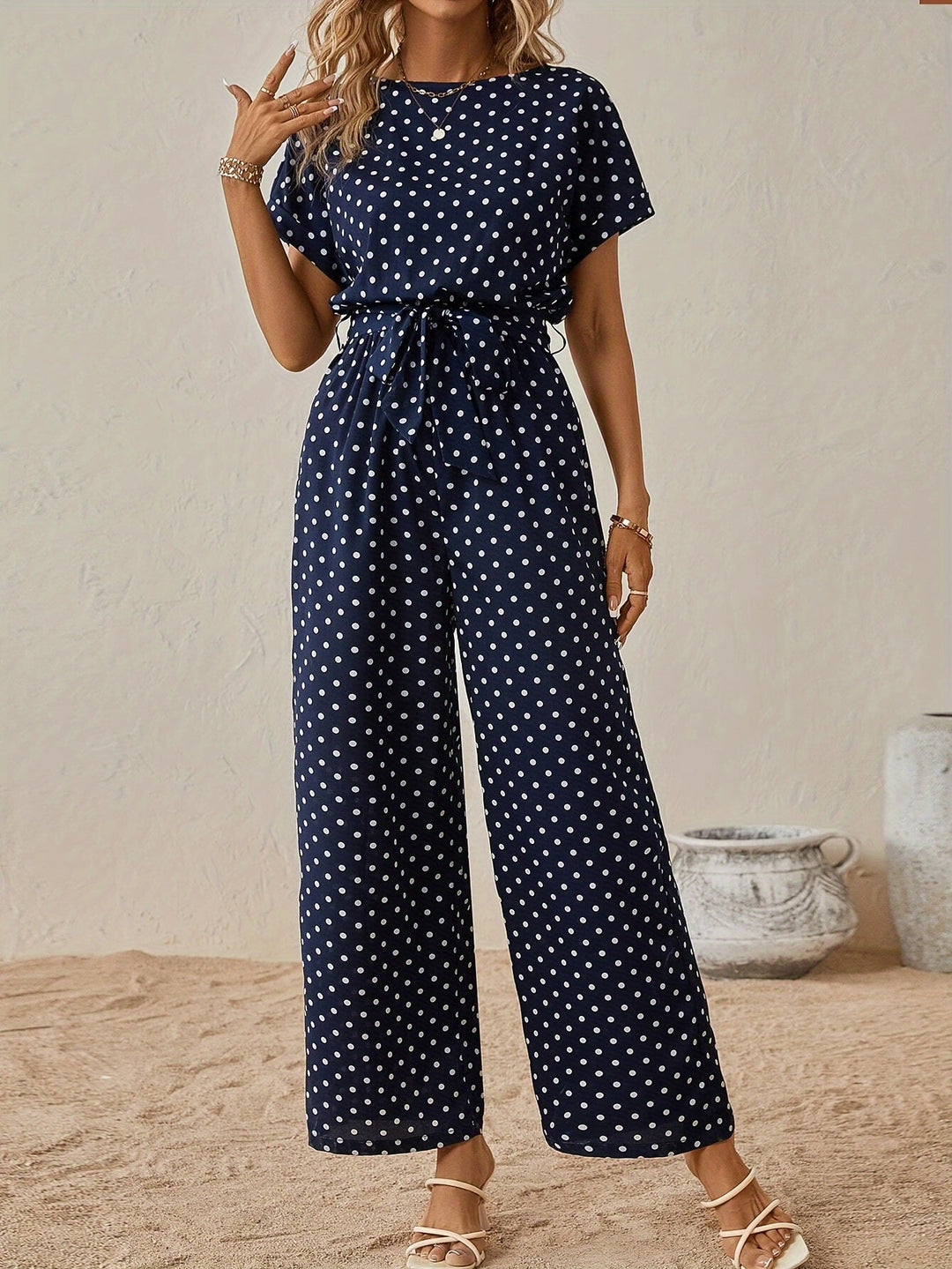 Trendy women's jumpsuit with waistband and polka dot pattern - DotJoy-S-State of Style