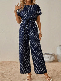 Trendy women's jumpsuit with waistband and polka dot pattern - DotJoy-S-State of Style