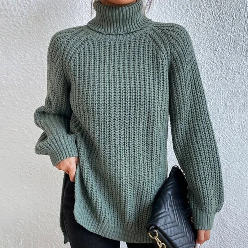 Trendy Women's Knitted Turtleneck Sweater - Esmée-Green-S-State of Style