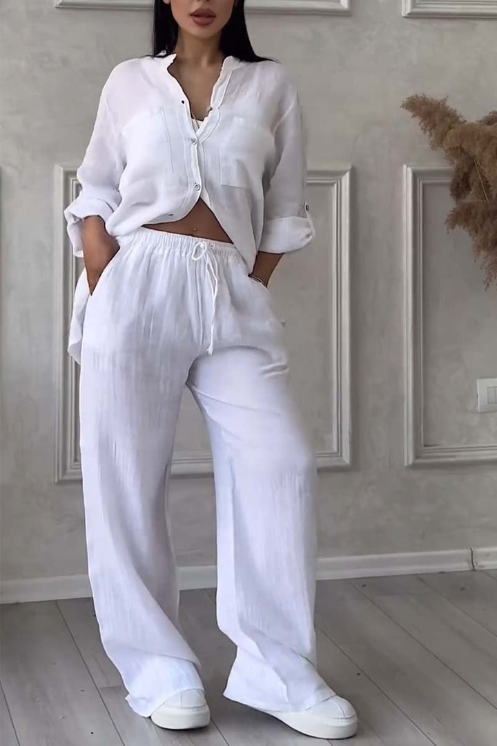 Trendy women's linen two-piece set with blouse & wide trousers – Lina-White-S-State of Style