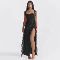 Trendy women's maxi dress with ruffles & chiffon for summer – Amira-Black-S-State of Style