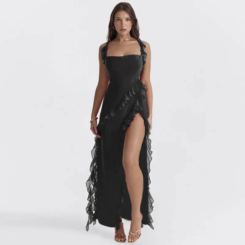 Trendy women's maxi dress with ruffles & chiffon for summer – Amira-Black-S-State of Style