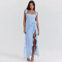 Trendy women's maxi dress with ruffles & chiffon for summer – Amira-Blue-S-State of Style