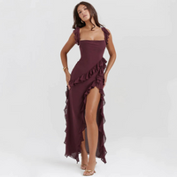 Trendy women's maxi dress with ruffles & chiffon for summer – Amira-Burgundy red-S-State of Style