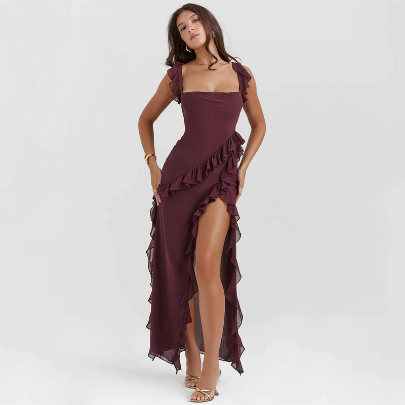 Trendy women's maxi dress with ruffles & chiffon for summer – Amira-Burgundy red-S-State of Style
