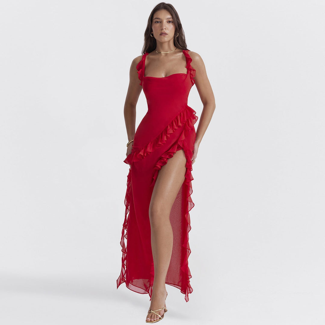 Trendy women's maxi dress with ruffles & chiffon for summer – Amira-Red-S-State of Style