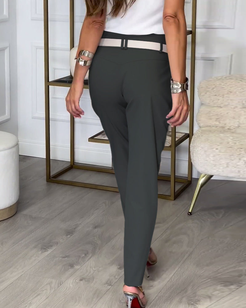 Trendy Women's Patchwork Pants with Belt - Liv-Grey-S-State of Style