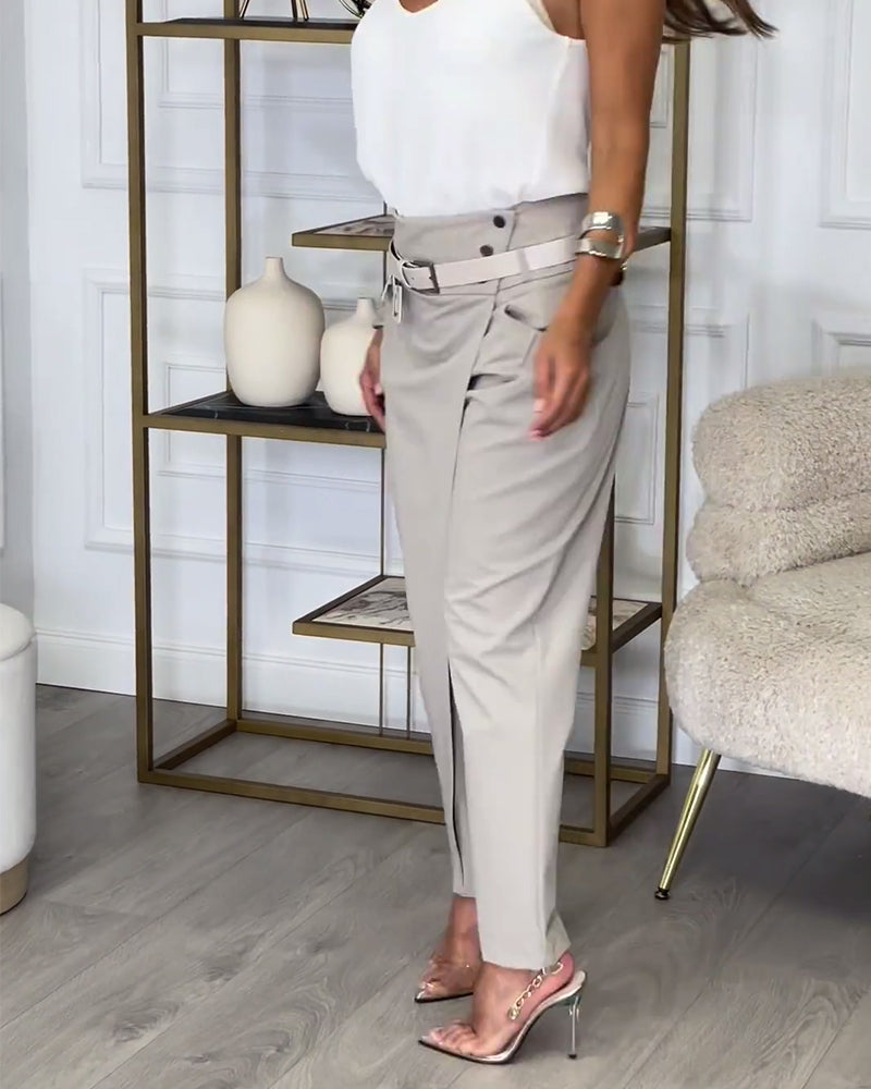 Trendy Women's Patchwork Pants with Belt - Liv-Grey-S-State of Style