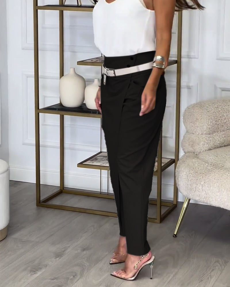 Trendy Women's Patchwork Pants with Belt - Liv-Grey-S-State of Style