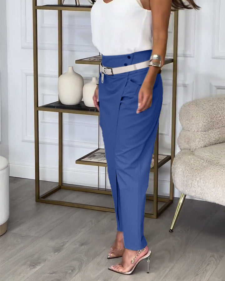 Trendy Women's Patchwork Pants with Belt - Liv-Grey-S-State of Style