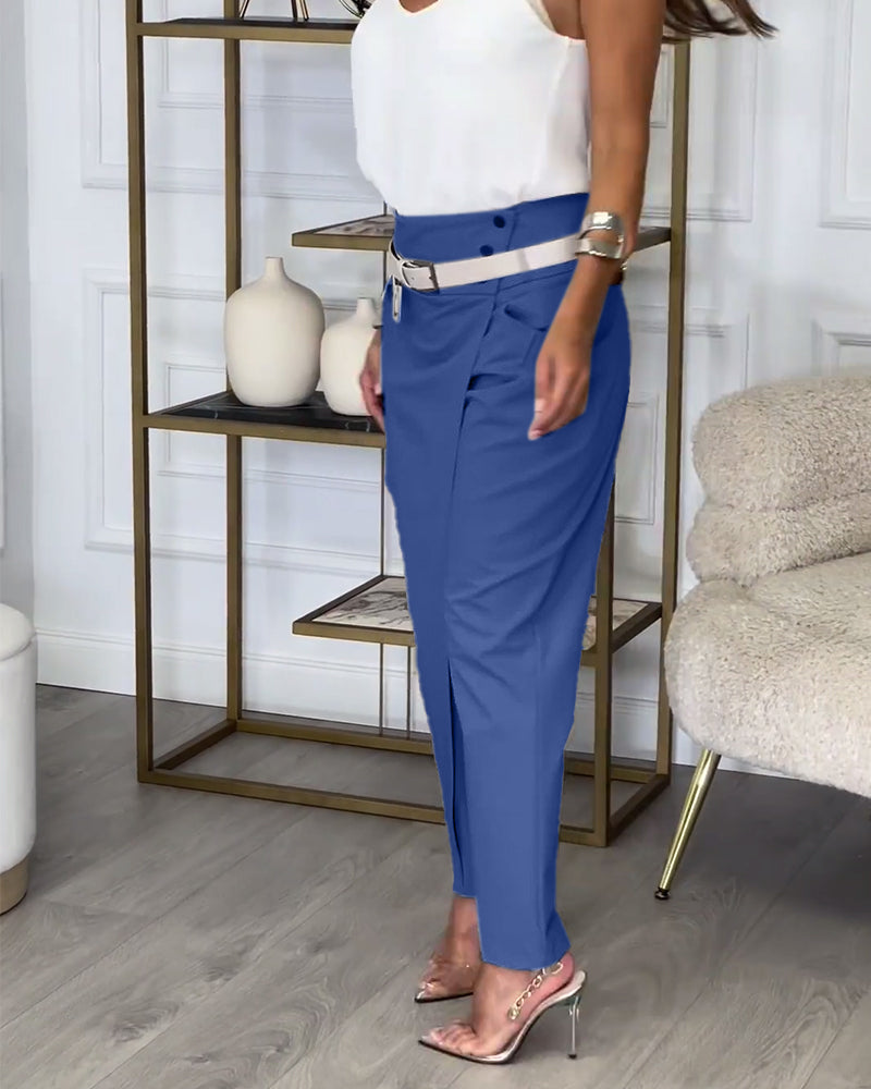 Trendy Women's Patchwork Pants with Belt - Liv-Grey-S-State of Style