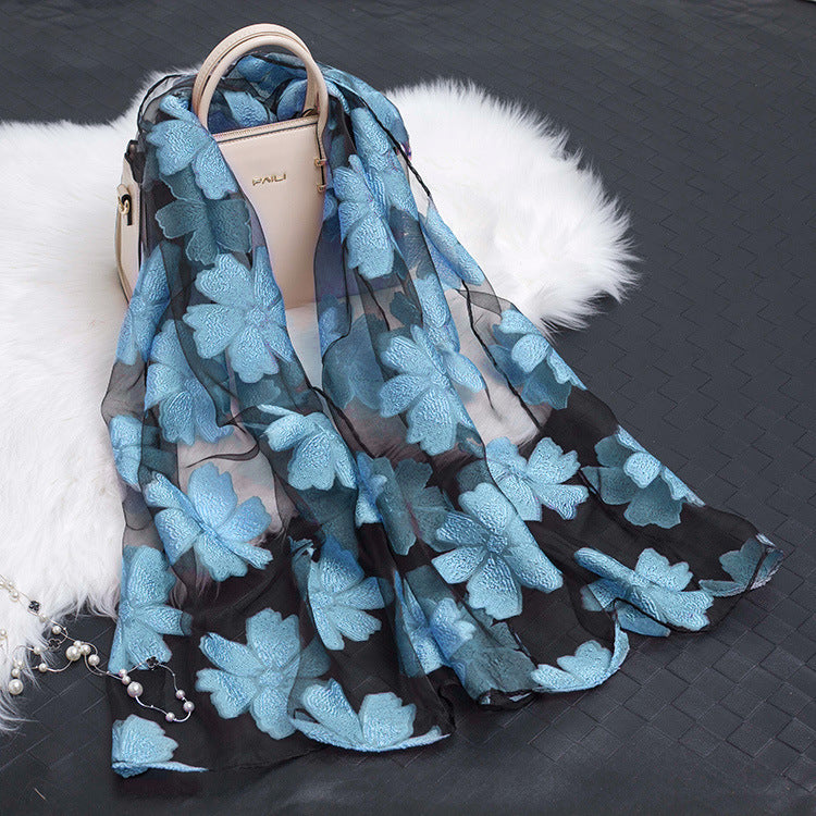 Trendy women's silk scarf with floral pattern and cut-out design – Fiora (1+1 FREE)-Aqua Blue-State of Style