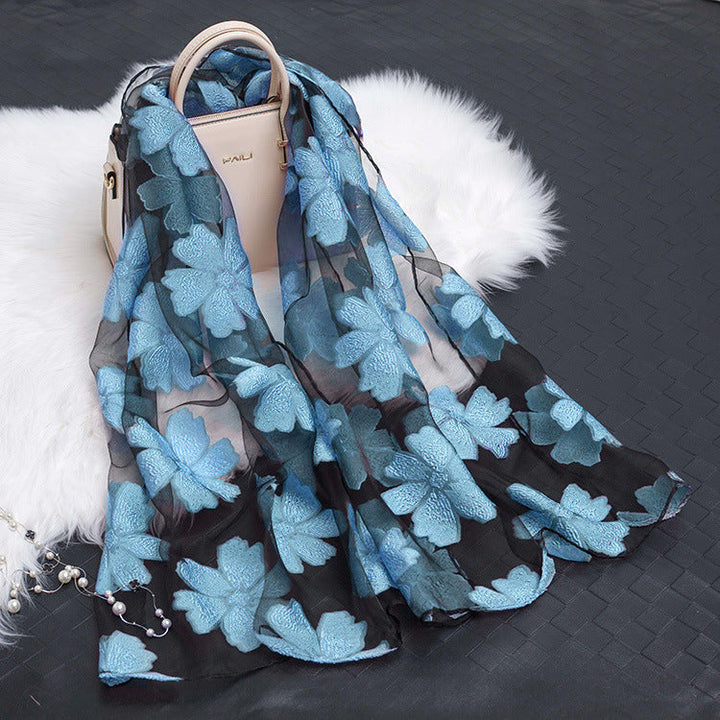 Trendy women's silk scarf with floral pattern and cut-out design – Fiora (1+1 FREE)-Aqua Blue-State of Style