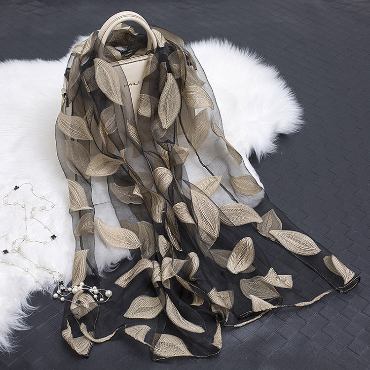 Trendy women's silk scarf with floral pattern and cut-out design – Fiora (1+1 FREE)-Beige leaves-State of Style
