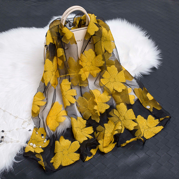 Trendy women's silk scarf with floral pattern and cut-out design – Fiora (1+1 FREE)-Yellow-State of Style
