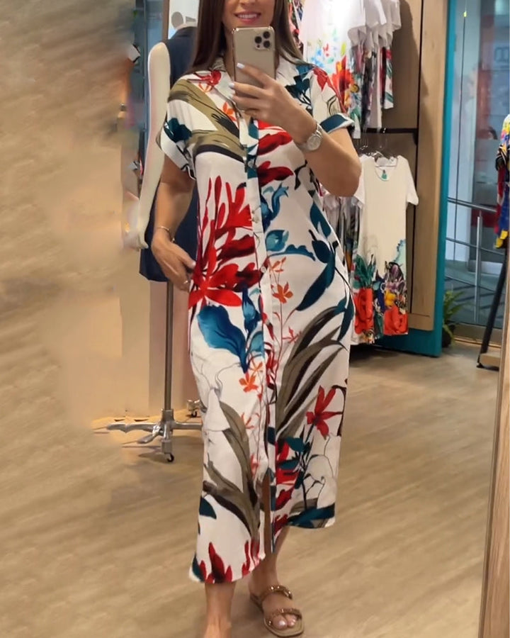 Trendy women's summer dress with print & shirt collar - Flora-S-State of Style