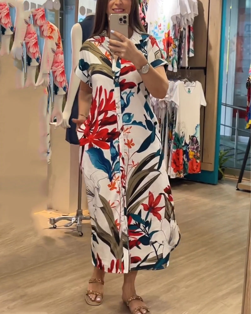 Trendy women's summer dress with print & shirt collar - Flora-S-State of Style