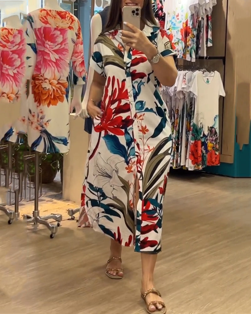 Trendy women's summer dress with print & shirt collar - Flora-S-State of Style
