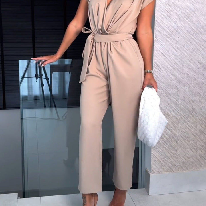 Trendy women's summer jumpsuit with short sleeves & waist emphasis – Alina-Beige-S-State of Style