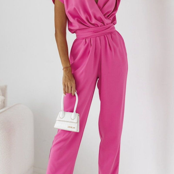 Trendy women's summer jumpsuit with short sleeves & waist emphasis – Alina-Pink-S-State of Style