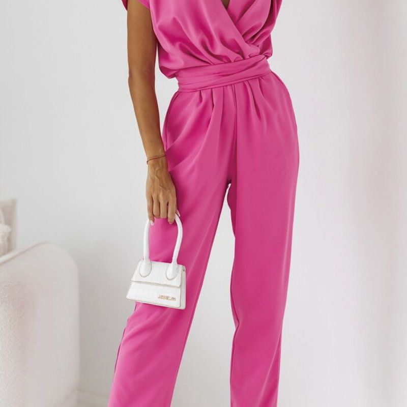 Trendy women's summer jumpsuit with short sleeves & waist emphasis – Alina-Pink-S-State of Style