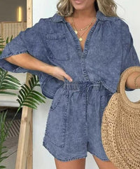 Trendy Women's Summer Top with Short Sleeves – Isabelle-Dark blue-S-State of Style