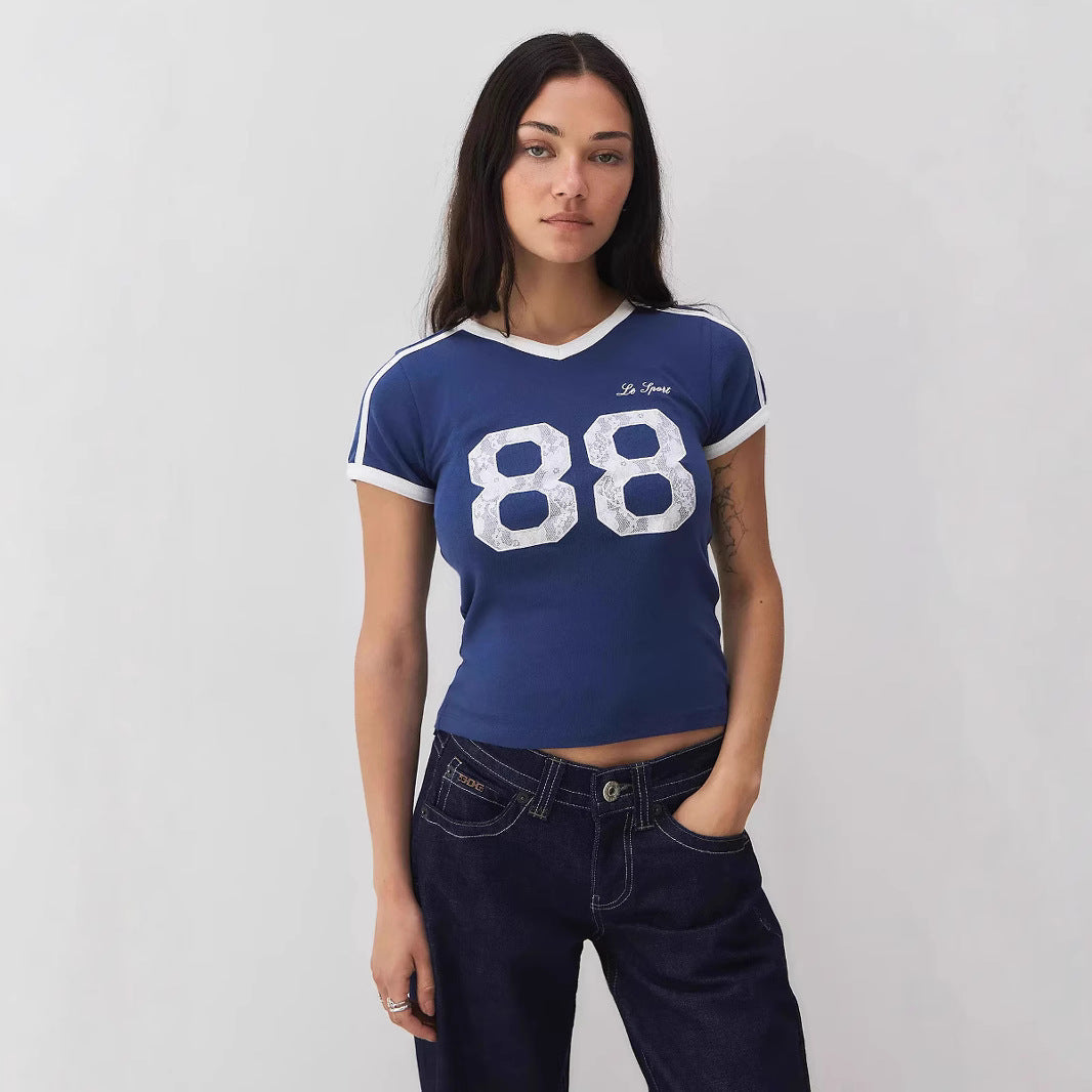 Trendy women's T-shirt with lace detail & contrast sleeves – Yelina-L-State of Style