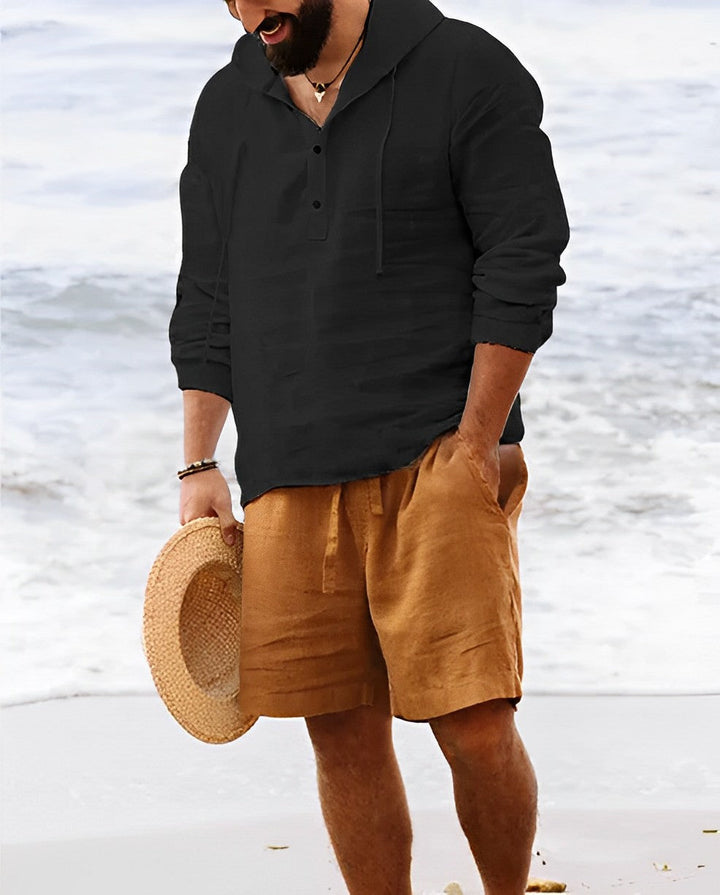 Triton – Stylish Linen Shirt with V-Neck | Long Sleeve Linen Shirt-Black-M-State of Style