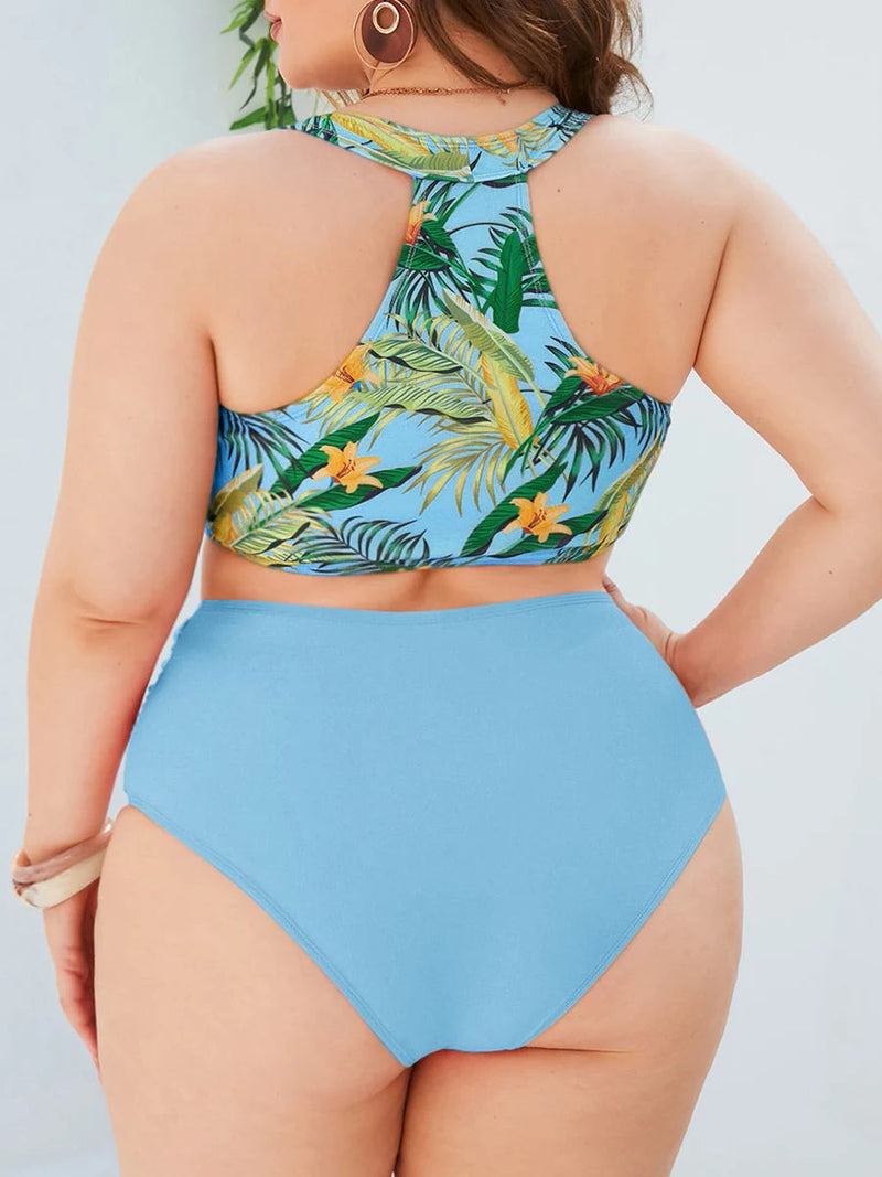Tropical Bliss Underwire Swimsuit - Plus Size-Blue-2XL-State of Style