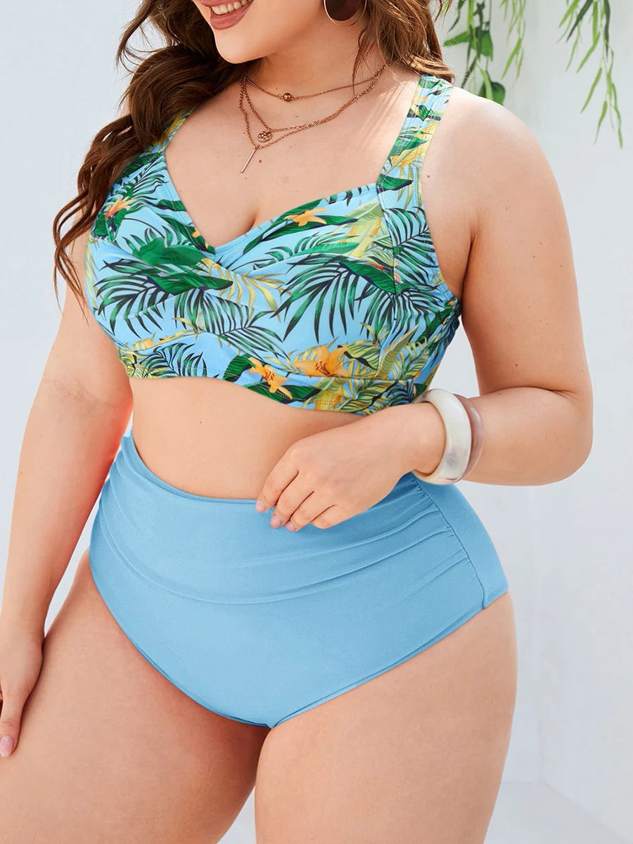 Tropical Bliss Underwire Swimsuit - Plus Size-Blue-2XL-State of Style