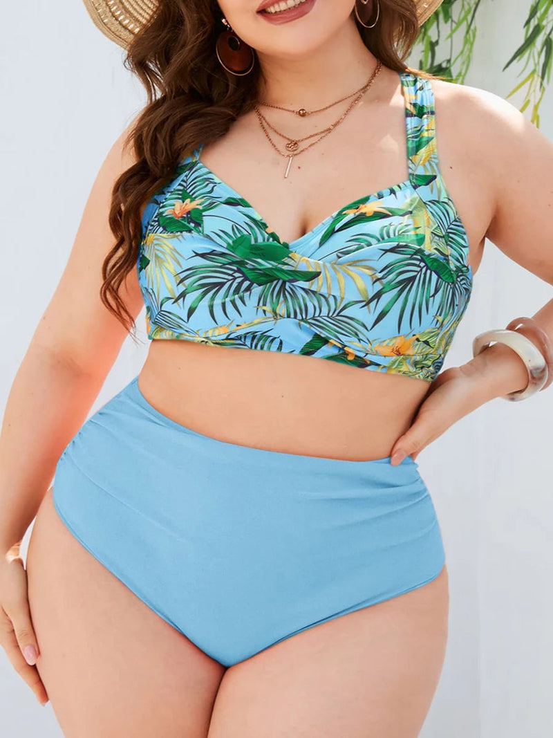 Tropical Bliss Underwire Swimsuit - Plus Size-Blue-2XL-State of Style