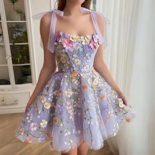 Tulle Cocktail Dress with Floral Appliqués - Rosalie-Purple-XS-State of Style