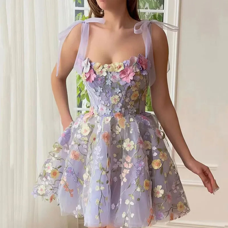 Tulle Cocktail Dress with Floral Appliqués - Rosalie-Purple-XS-State of Style