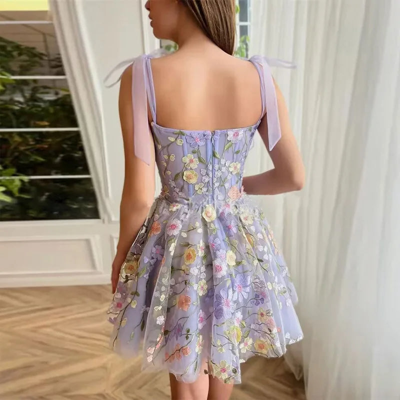 Tulle Cocktail Dress with Floral Appliqués - Rosalie-Purple-XS-State of Style