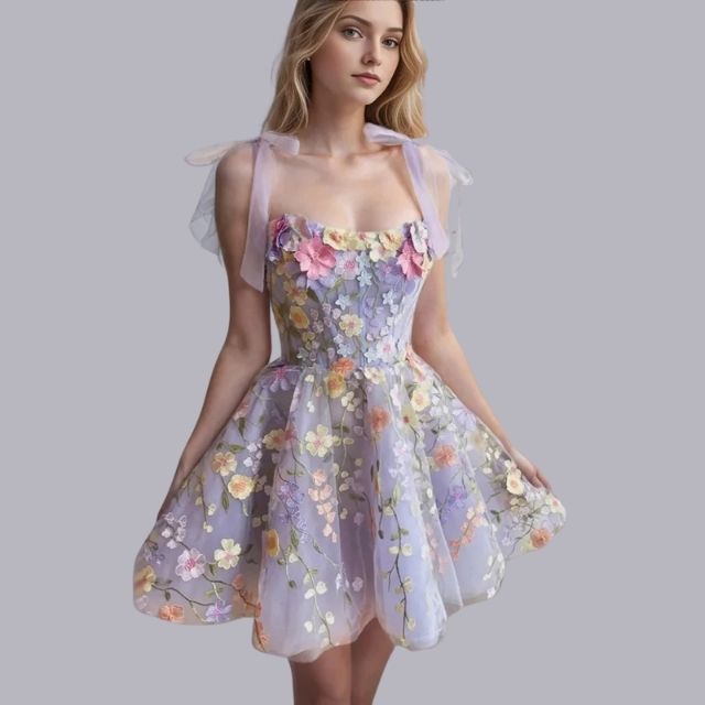 Tulle Cocktail Dress with Floral Appliqués - Rosalie-Purple-XS-State of Style