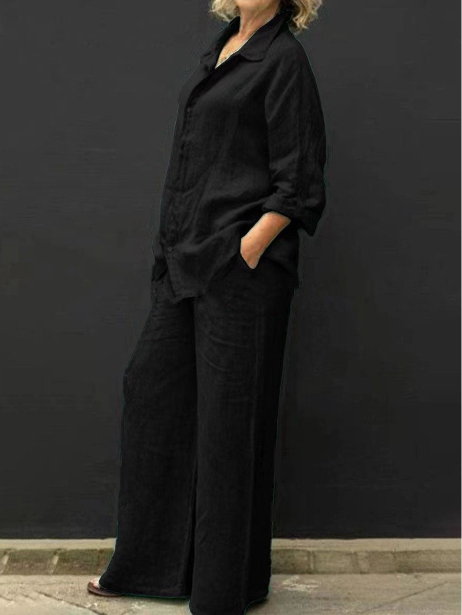 Two-piece cotton-linen women's suit summer - Linora-Black-S-State of Style