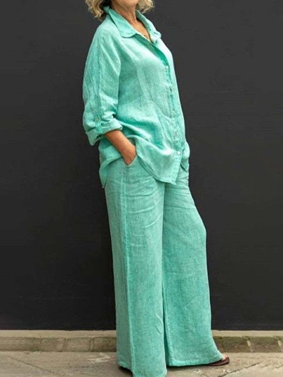 Two-piece cotton-linen women's suit summer - Linora-Green-S-State of Style