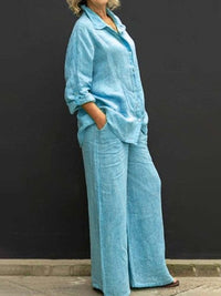 Two-piece cotton-linen women's suit summer - Linora-Light blue-S-State of Style