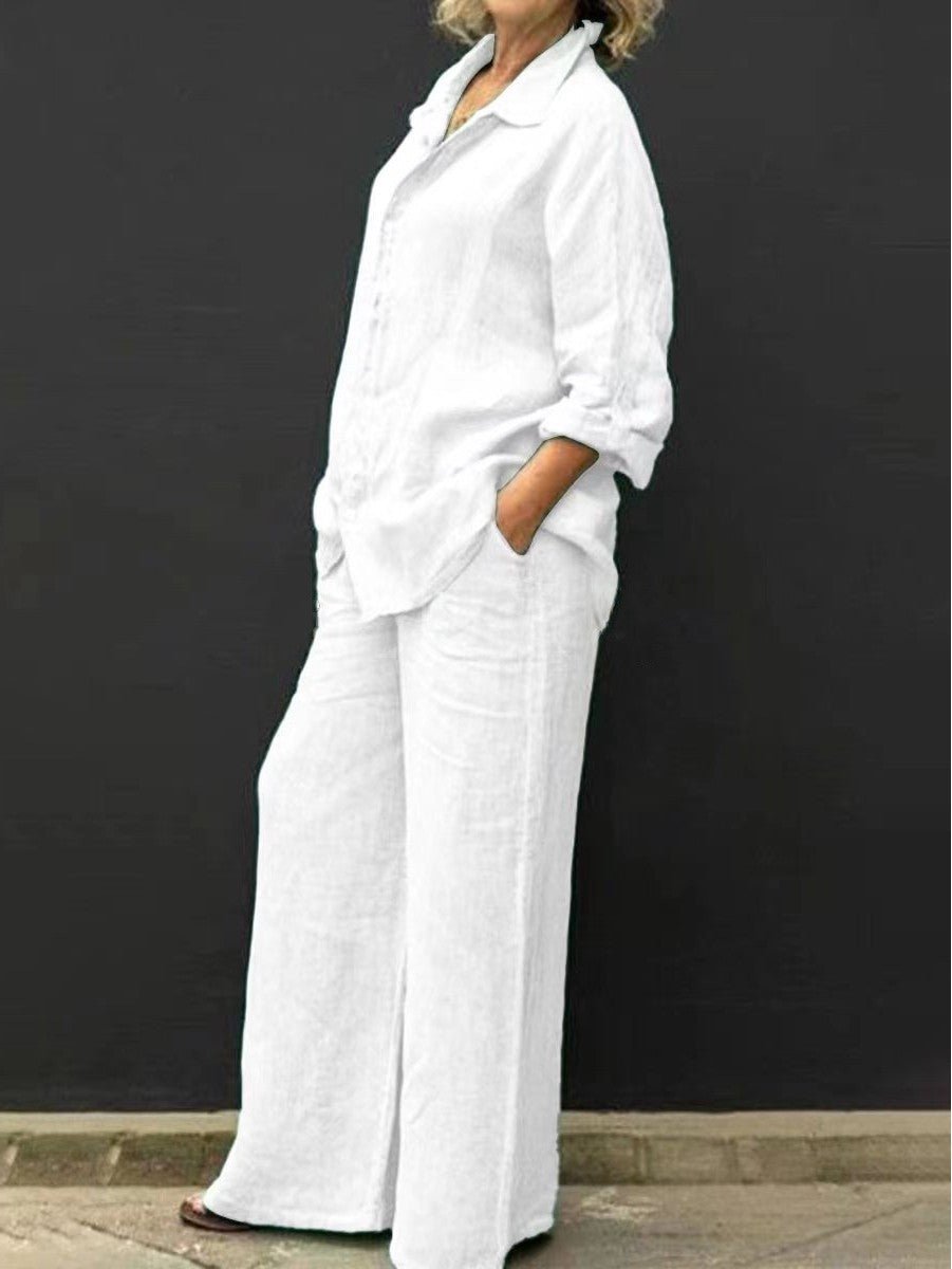 Two-piece cotton-linen women's suit summer - Linora-White-S-State of Style