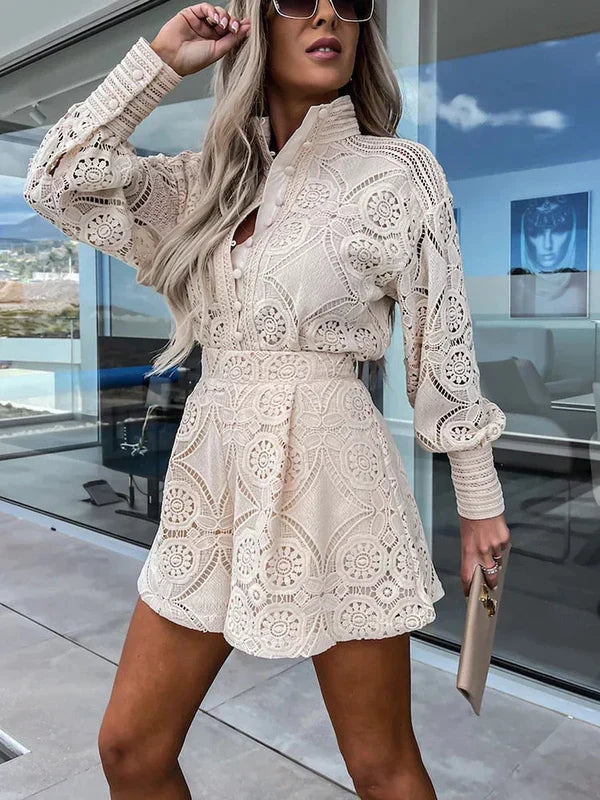 Two-piece lace set for women for summer – Mira-Khaki-S-State of Style