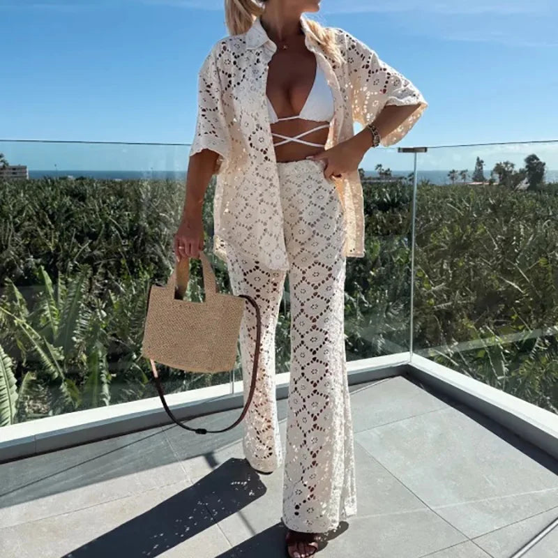 Two-piece ladies lace outfit with wide trousers – Livia-White-S-State of Style