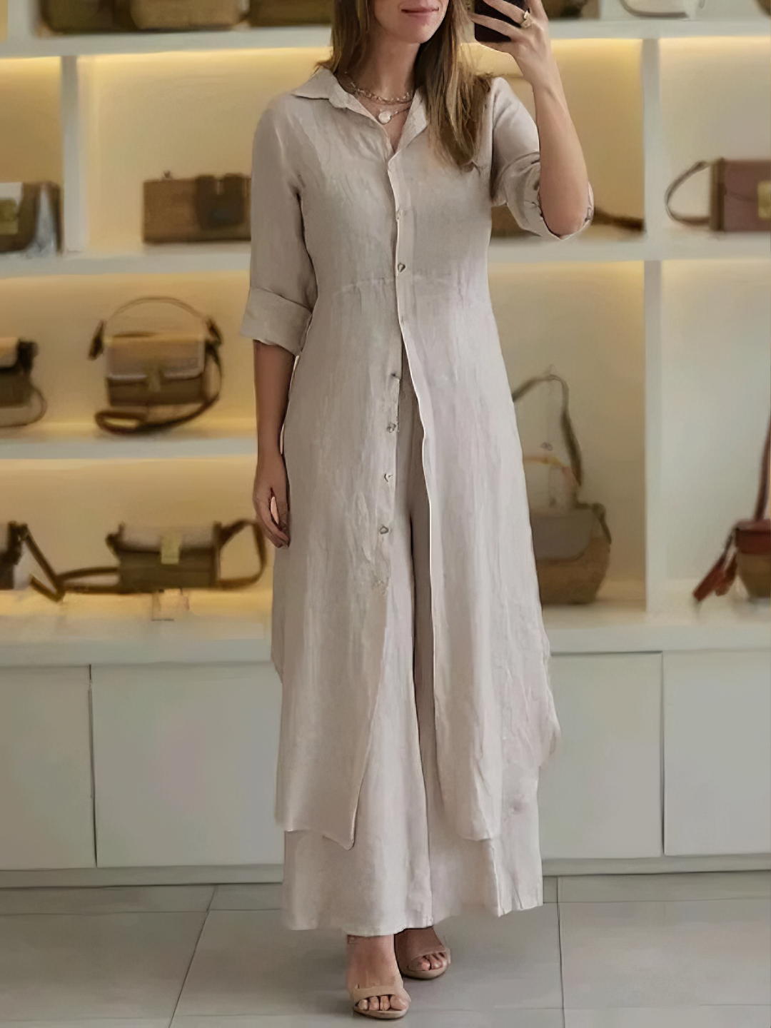 Two-piece ladies' summer set made of linen – Amaya-Khaki-S-State of Style