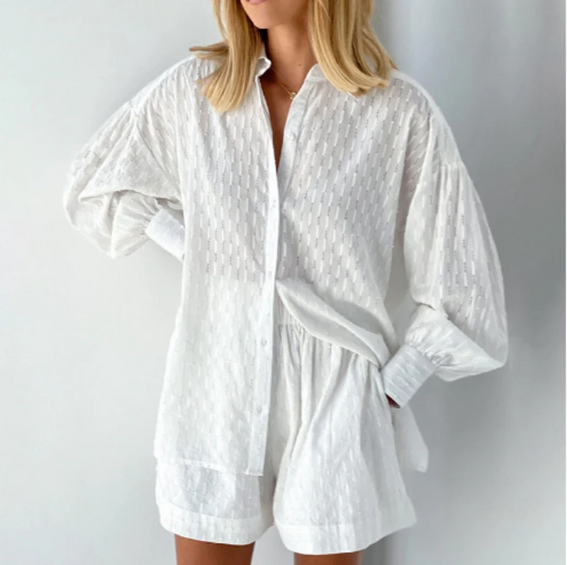 Two-Piece Ladies Summer Set with Lantern Sleeves – Nina-White-XS-State of Style