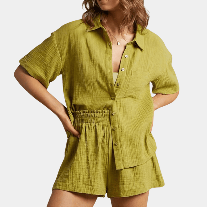 Two-piece ladies summer set with shirt and shorts – Noemi-Green-XS-State of Style