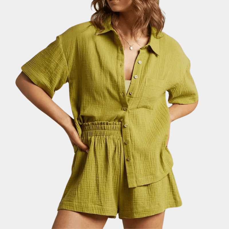 Two-piece ladies summer set with shirt and shorts – Noemi-Green-XS-State of Style