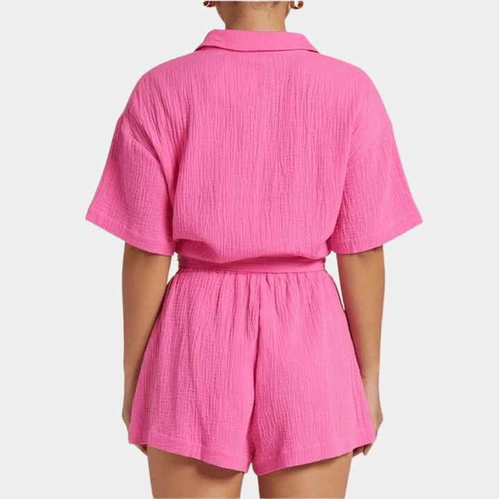 Two-piece ladies summer set with shirt and shorts – Noemi-Pink-XS-State of Style